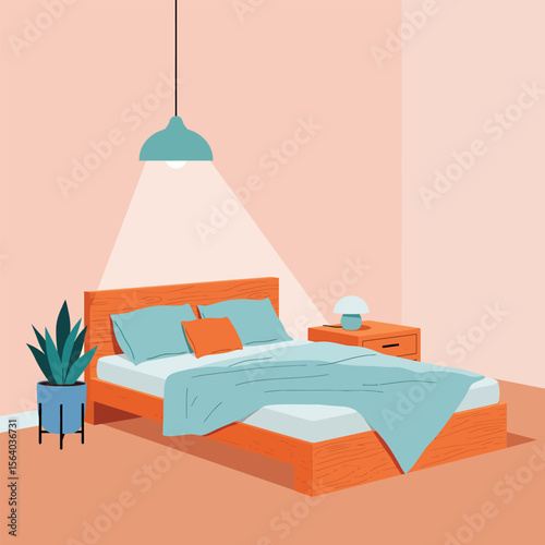 Cozy modern bedroom scene with wooden bed and teal accents vector illustration