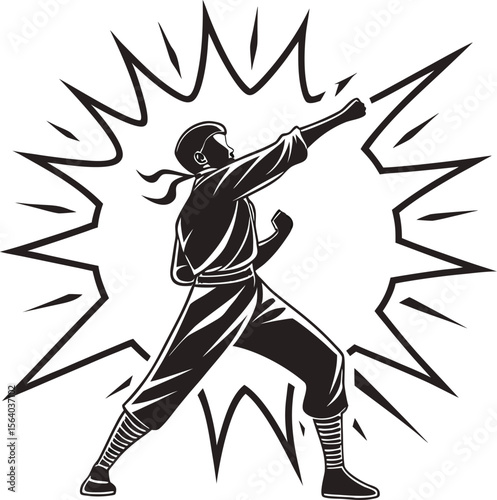 Dynamic martial artist illustration in action pose showcasing strength and agility with vibrant color accents and clean lines perfect for sports or cultural themes
