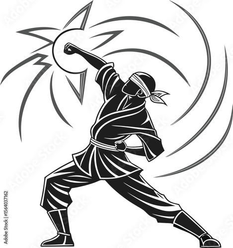 Dynamic illustration of a martial artist in action showcasing strength and agility with a focused stance and powerful movement