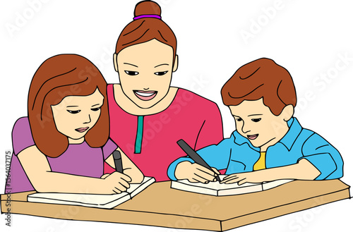 teacher and students, kids studying 