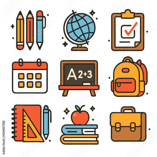 Back to school icons with pencils, books, and backpacks, ideal for educational designs, schoolrelated projects, and learning materials.