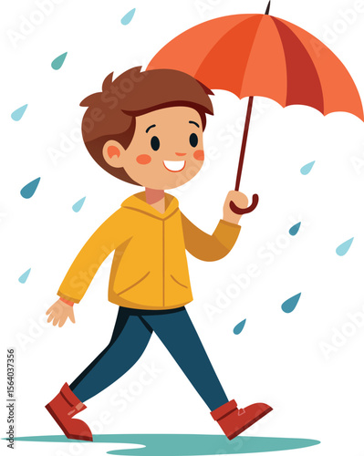 A boy walking with umbrella in rainy days, man with umbrella ,little boy with umbrella