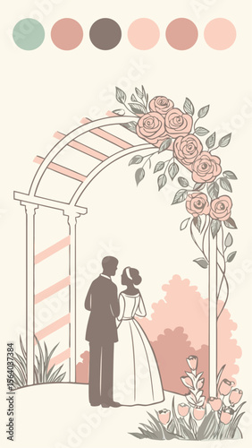 Romantic wedding illustration featuring bride and groom under floral archway on a white background
