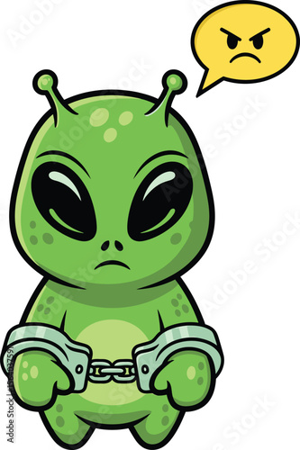 Cute green alien character with handcuffs and angry thought bubble illustration vector illustration