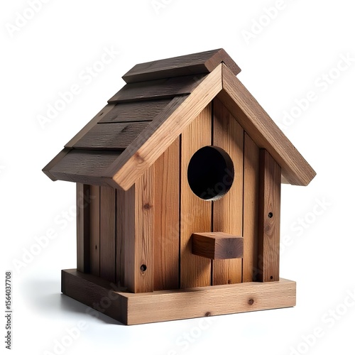 A wooden birdhouse with a round entrance and a small perch , made of weathered planks , isolated on a white background