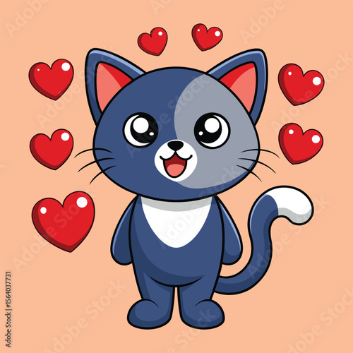 Cute Cartoon Cat Surrounded by Red Love Hearts