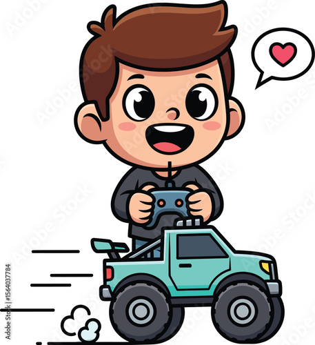 Excited young boy joyfully playing a remote controlled truck game with a heart symbol vector illustration