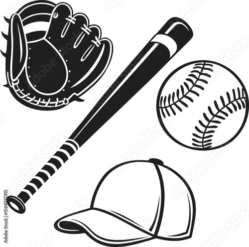 Collection of baseball equipment illustrations featuring a baseball bat glove and cap in vibrant colors perfect for sports themed designs and apparel