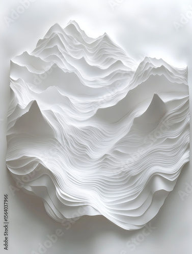 stunning paper landscape featuring intricate layers of white paper, creating topographical effect that resembles mountains. design showcases depth and texture, evoking sense of calm and serenity