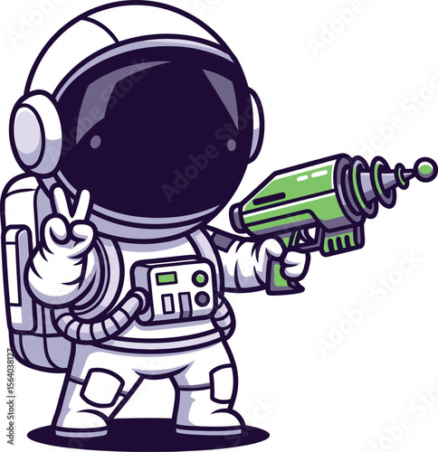 Cute cartoon astronaut giving peace sign and holding a futuristic green ray gun vector illustration
