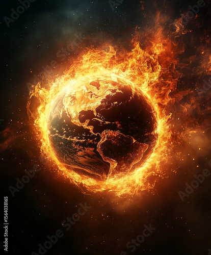image depicts fiery representation of Earth, engulfed in flames, symbolizing destruction and climate change. intense colors evoke sense of urgency and alarm