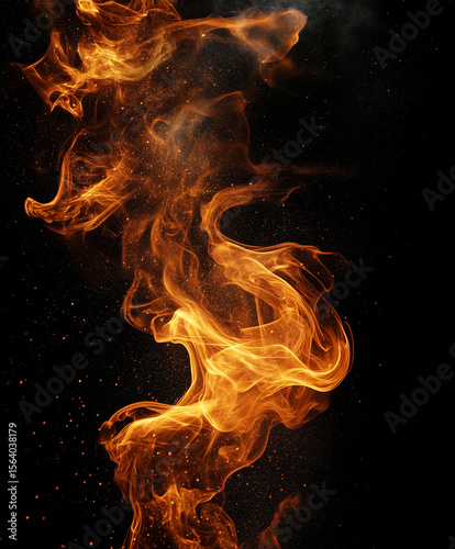 Dramatic flames swirl against black background, creating mesmerizing texture with vibrant orange hues and sparks. fiery display evokes sense of energy and intensity