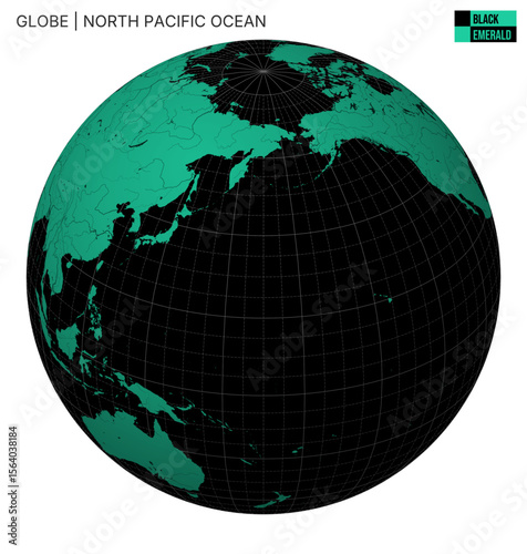 Vector Globe centered to North Pacific Ocean. Black Emerald palette. World map with meridians, parallels, countries, rivers and lakes. Elegant vector illustration.