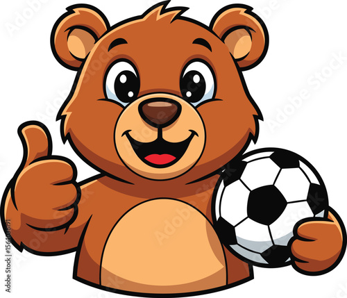 Friendly cartoon bear giving a thumbs up while holding a soccer ball vector illustration