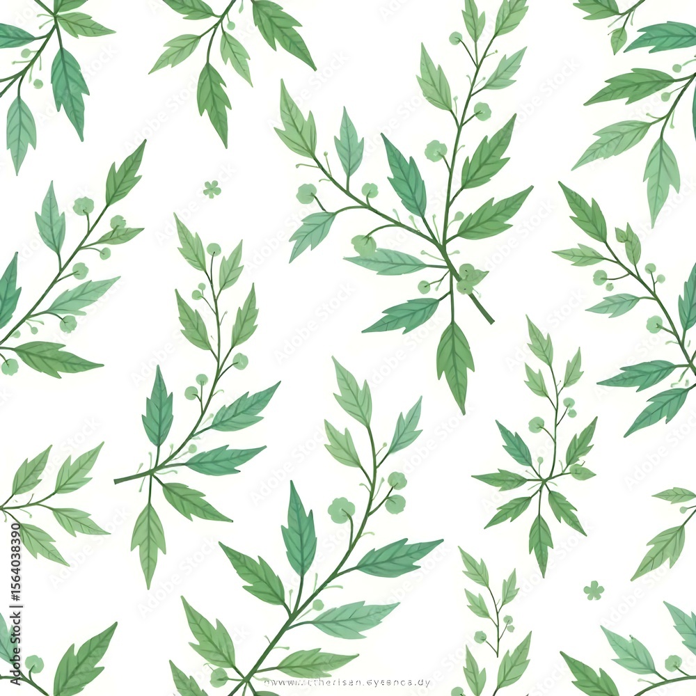 Naklejka premium Seamless pattern of green leaves and branches on a white background, botanical illustration , nature-inspired design , organic aesthetic , minimalist style , foliage pattern
