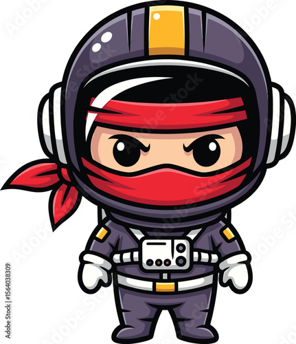 Cute chibi ninja warrior in a futuristic suit with red bandana and helmet vector illustration