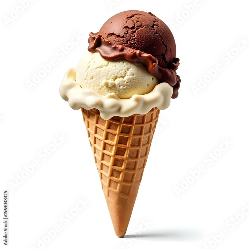 Ice cream cone with chocolate and vanilla flavor on a white background