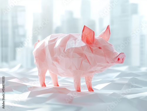 geometric pig sculpture in modern, abstract setting, showcasing blend of pink hues and sharp angles, symbolizing creativity and innovation