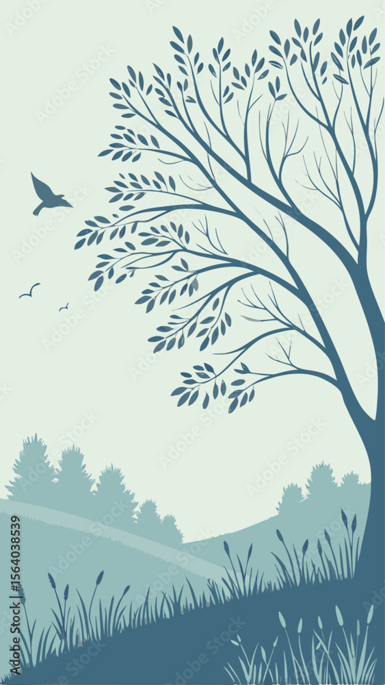 Obraz premium Serene landscape silhouette illustration featuring a tree birds and soft color palette