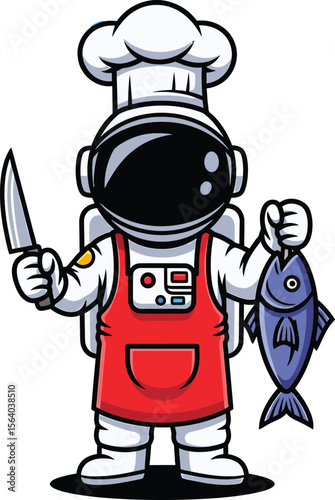 Astronaut chef holding a fish and knife ready to prepare a cosmic meal vector illustration
