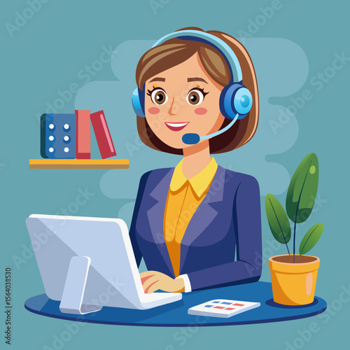 Friendly female customer service representative working on a computer