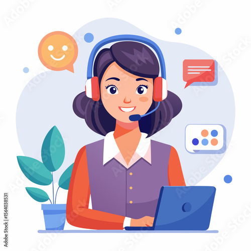 Friendly customer service representative with headphones and laptop