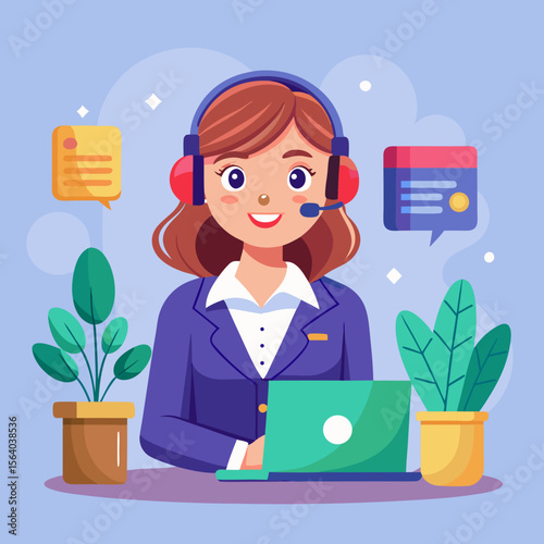 Friendly customer service representative working with a laptop and headset