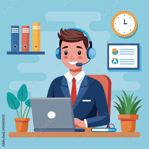 Smiling customer service representative working at a desk with a laptop and headset