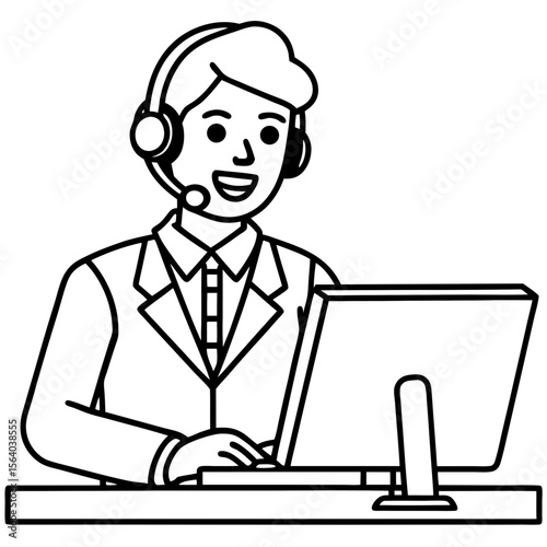 Friendly customer service representative working on a computer with a headset