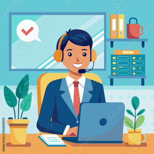 Smiling customer service representative with headset working on laptop in office