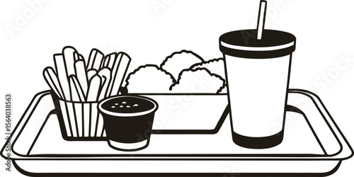 Black and white illustration of a fast food meal tray containing french fries chicken nuggets a dipping sauce and a large drink