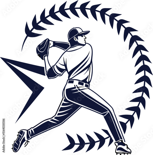 Dynamic silhouette of a baseball pitcher in mid throw capturing the energy and motion of the sport with vibrant colors and clean lines