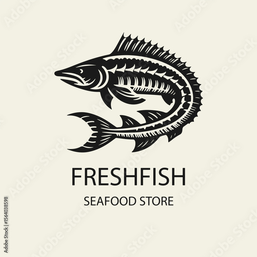 Black and white flat vector logo of a sturgeon fish. Perfect for fresh seafood market branding and packaging. Clean silhouette design with a vintage feel.