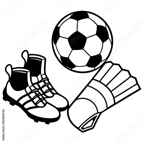 Soccer equipment including cleats ball and shin guards in a simple graphic style