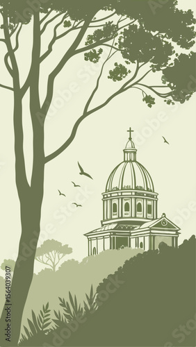 Serene olive green illustration of a church building and trees with flying birds