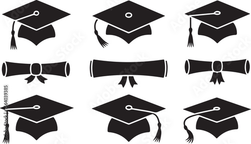 Silhouette of Graduation Caps and Diplomas Vector Illustration