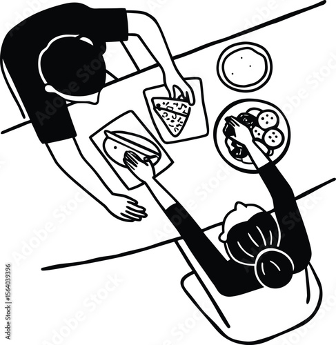 Black and White Illustration Two People Preparing Food at Table Top View Flatlay Style Simple Line Art
