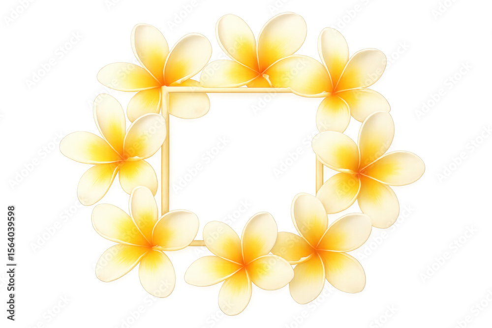 Obraz premium Delicate frangipani blossoms creating symmetrical frame against clear backdrop, ideal for summer graphic layouts