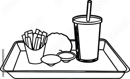 Black and white line drawing of a fast food meal on a tray fries burger drink and sauces illustration