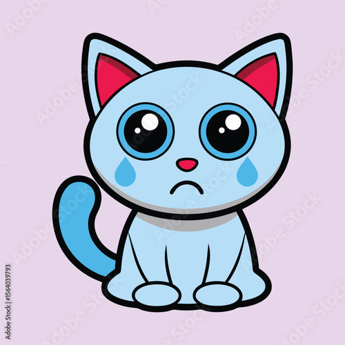 Adorable Kawaii Cat Crying with Teardrops Illustration