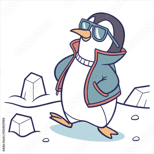 Cute cartoon arctic penguins on ice, snow, and a roof, a whimsical winter nature illustration