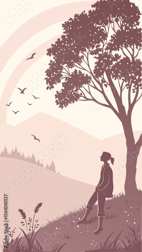 Silhouette illustration of a person under a tree with birds and landscape on transparency