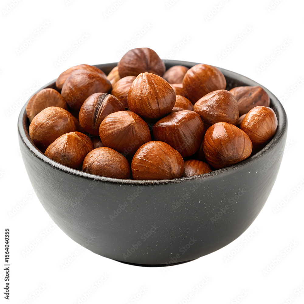 Obraz premium A black ceramic bowl filled to the brim with shelled hazelnuts, presented against a plain white background.