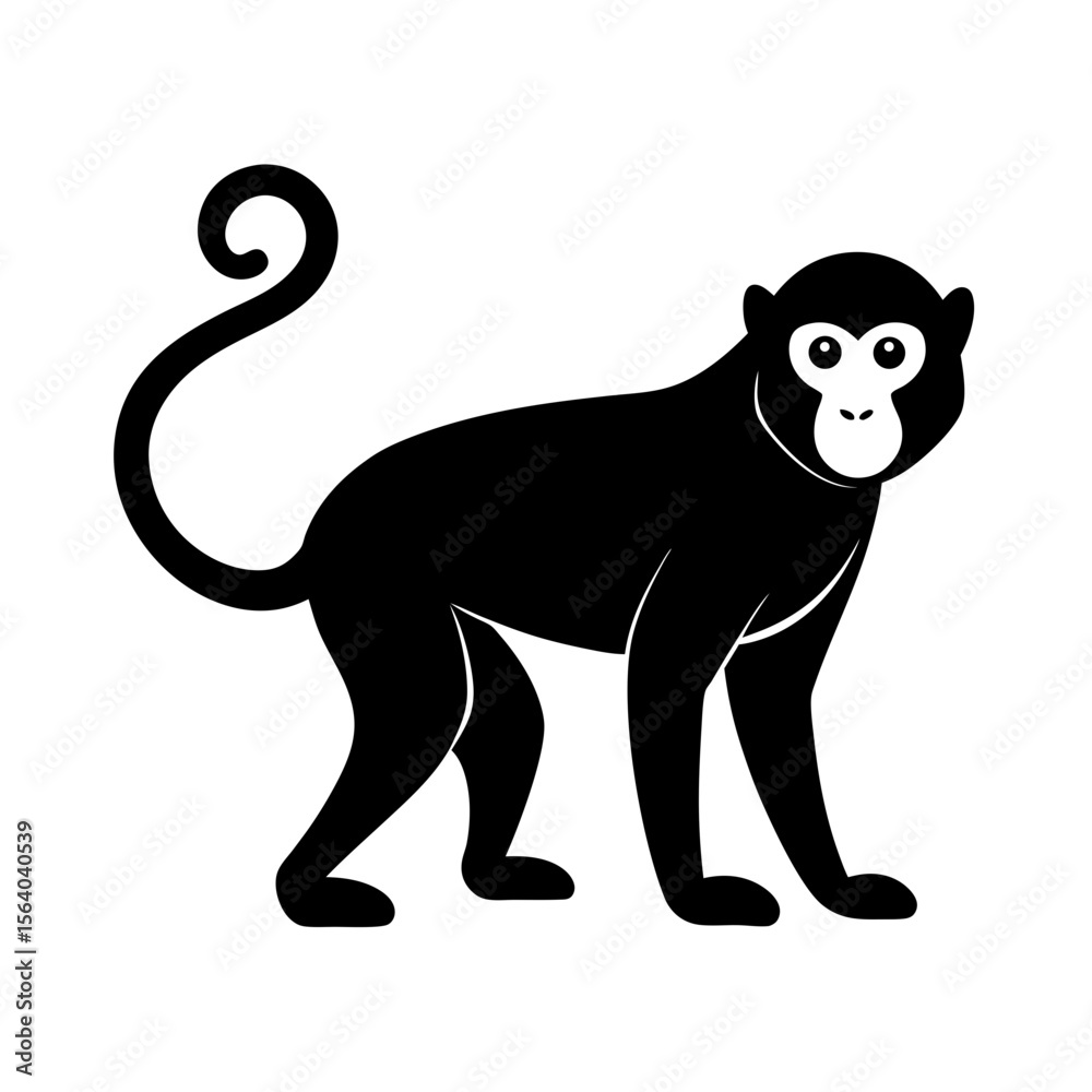 Fototapeta premium Black silhouette of a monkey sitting on a white background Vector illustration