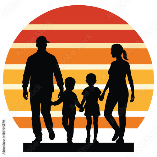 Black vector silhouettes of people: a family, children, men, and women walking in an urban crowd