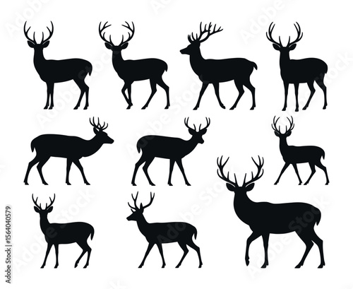 Collection of Black and White Deer Silhouettes in Various Positions Nine silhouette images deer with antlers deer antlers silhouette wildlife animal black white