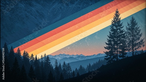 Retro 70s mountain landscape with rainbow stripes, vintage sunset forest illustration, nostalgic outdoor nature scene for posters