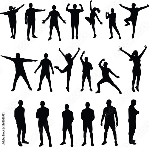 Silhouette of various people in different poses on a white background