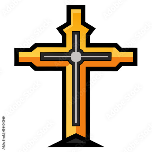 A stylized Christian cross with golden yellow and orange coloring, featuring a black outline and a gray center circle, designed with geometric shapes and modern artistic styling.