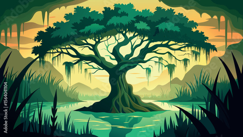 Vector art of a large tree with hanging moss stands in a swampy landscape at sunset, with reflections in the water